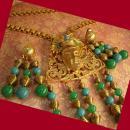 Hattie Carnegie Chinese figural signed bookchain buddha necklace and earrings Chandelier beads in turquoise