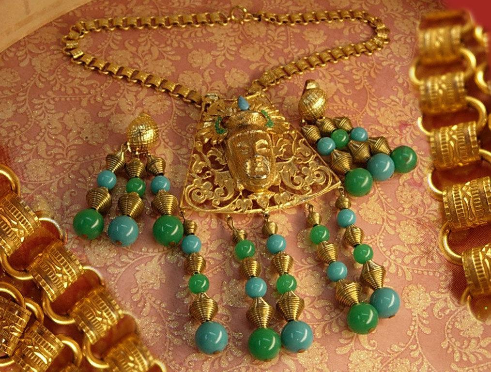 Hattie Carnegie Chinese figural signed bookchain buddha necklace and earrings Chandelier beads in turquoise