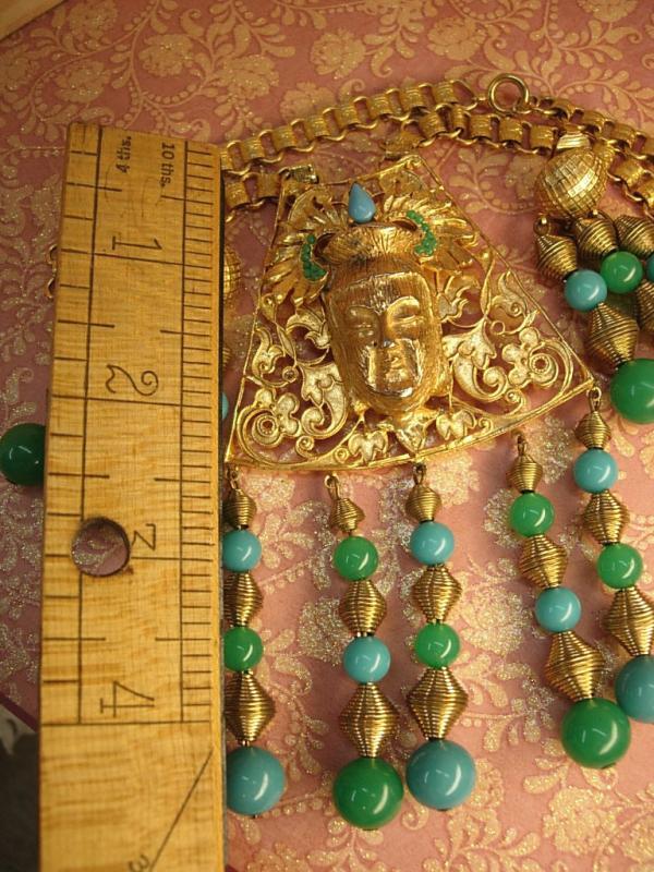 Hattie Carnegie Chinese figural signed bookchain buddha necklace and earrings Chandelier beads in turquoise