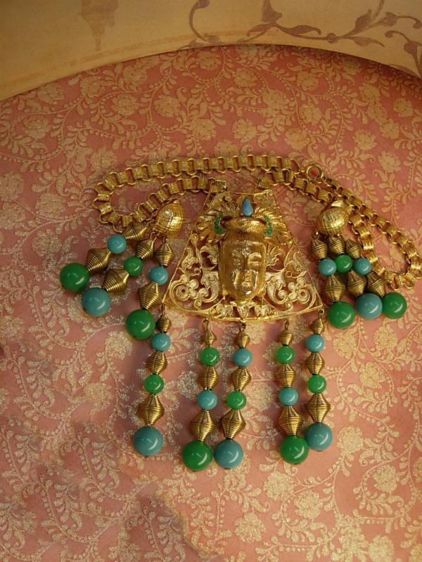 Hattie Carnegie Chinese figural signed bookchain buddha necklace and earrings Chandelier beads in turquoise