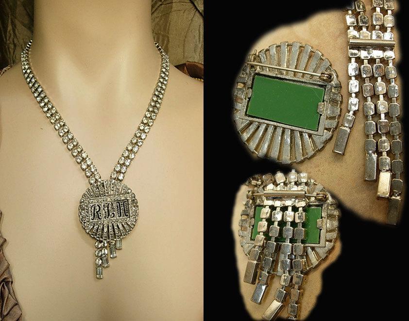 Art deco Vintage necklace brooch conversion set marcasites and rhinestones flapper fringe