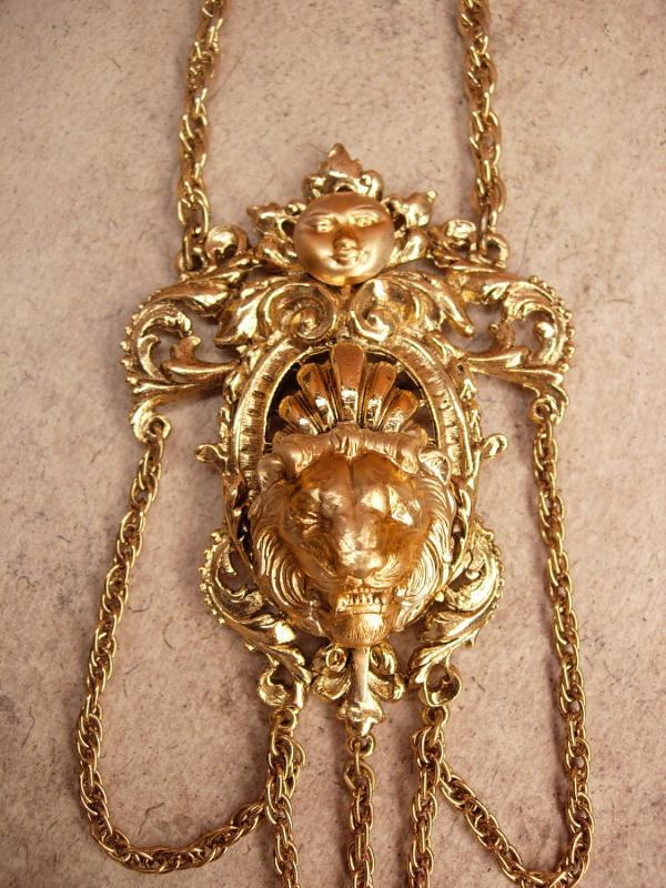 Vintage Signed Art Lion and moon necklace Gothic swags and fobs