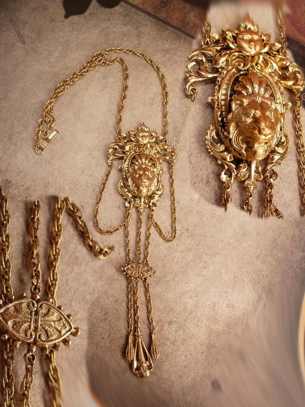 Vintage Signed Art Lion and moon necklace Gothic swags and fobs