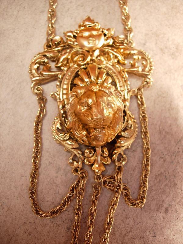 Vintage Signed Art Lion and moon necklace Gothic swags and fobs