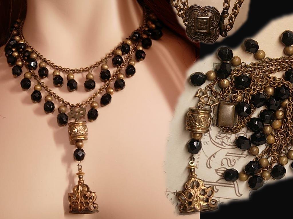 Antique Jet Mourning necklace with festoon drops and antique Lucy Fob chandelier drops double strand vintage jewelry