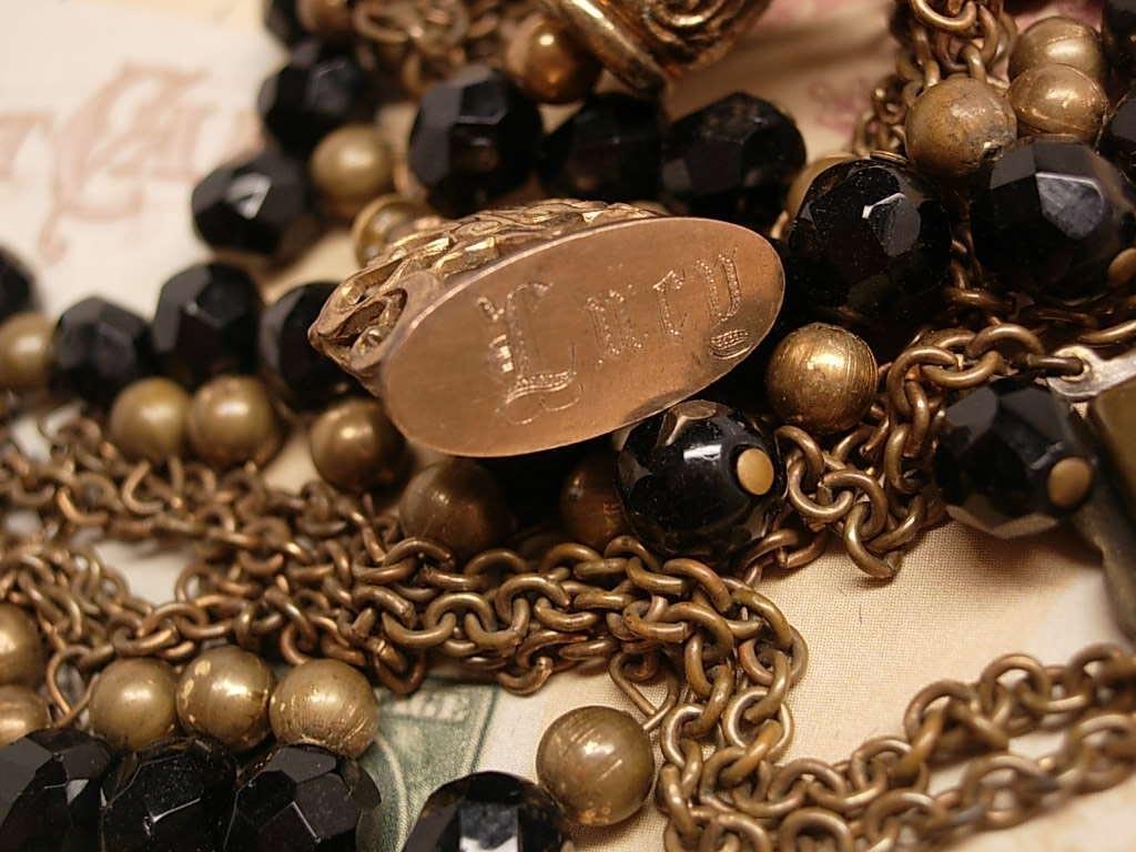Antique Jet Mourning necklace with festoon drops and antique Lucy Fob chandelier drops double strand vintage jewelry