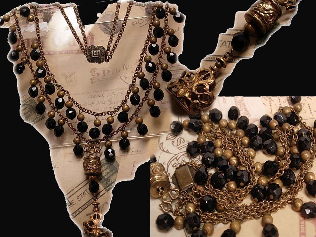 Antique Jet Mourning necklace with festoon drops and antique Lucy Fob chandelier drops double strand vintage jewelry