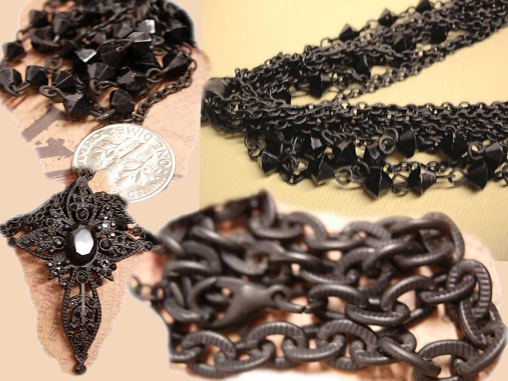 Dramatic Gothic BLACK rosary bead CROSS jeweled necklace