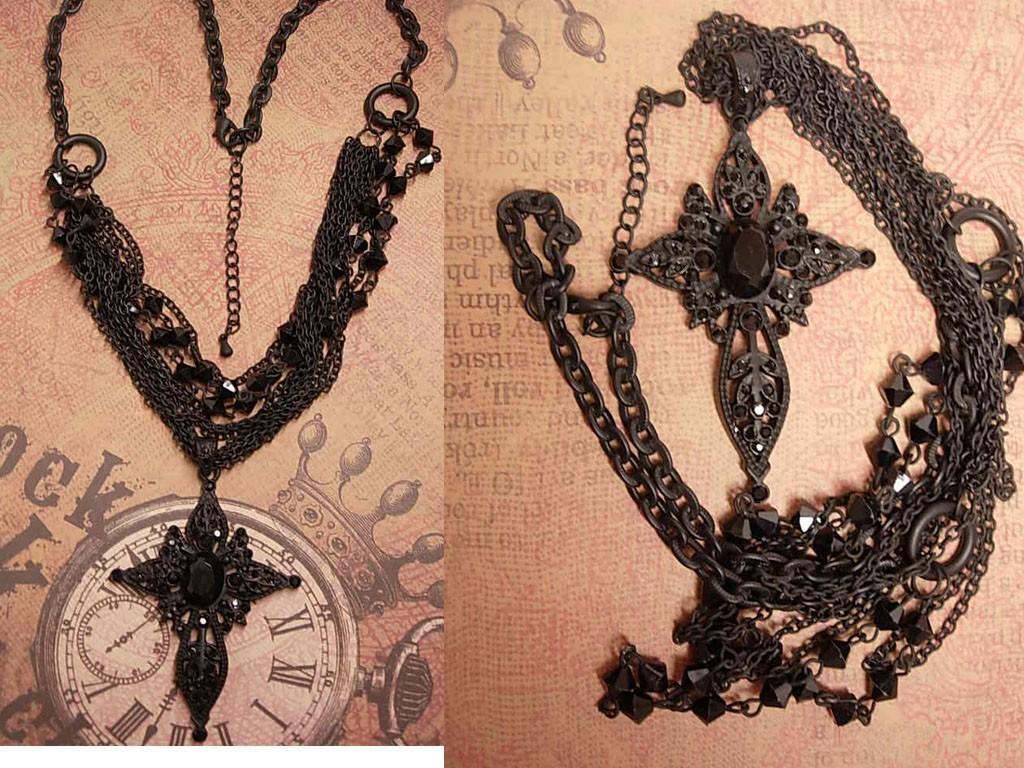 Dramatic Gothic BLACK rosary bead CROSS jeweled necklace