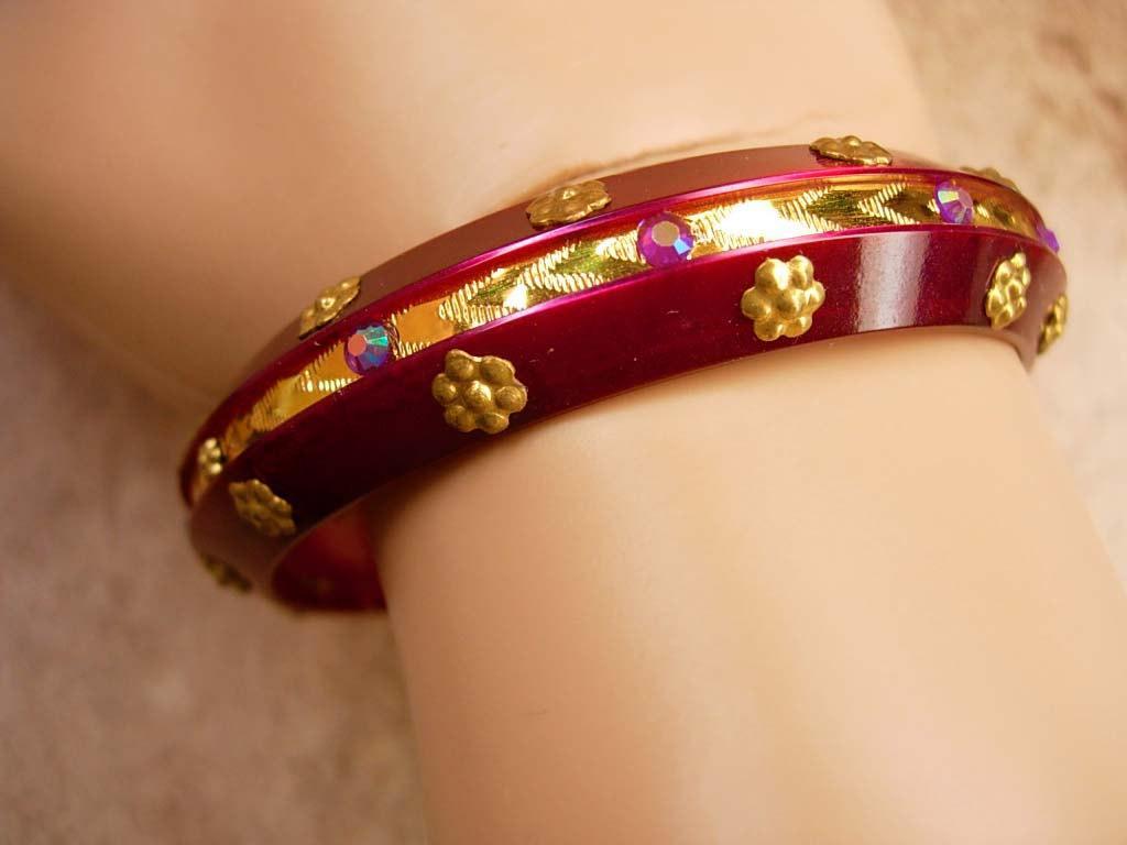 Vintage Bohemian RED Gypsy rhinestone bracelet bangle