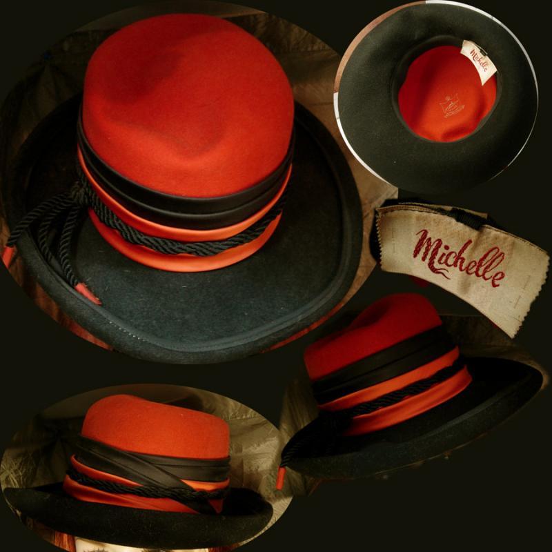 Vintage Steampunk Fedora Top Hat Halloween orange and black rim with tassels Bollman & Co