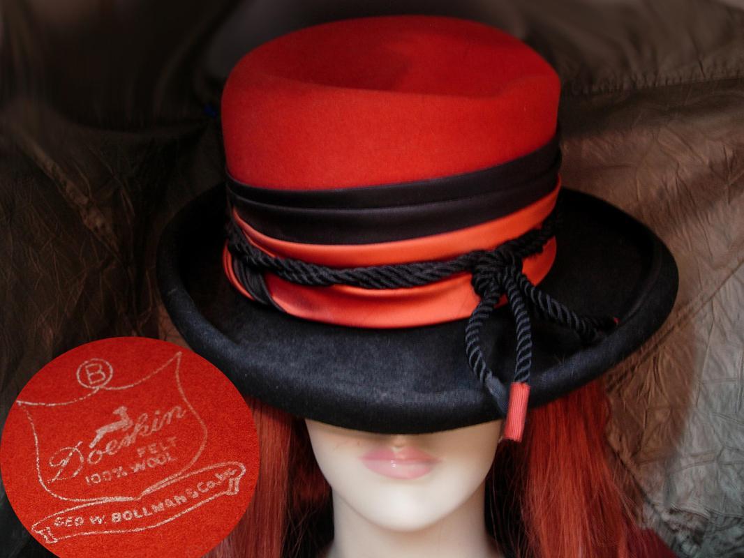 Vintage Steampunk Fedora Top Hat Halloween orange and black rim with tassels Bollman & Co