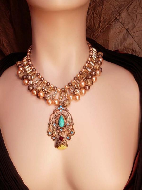 Vintage Pearl Festoon necklace Rhinestone filigree pendant bib choker