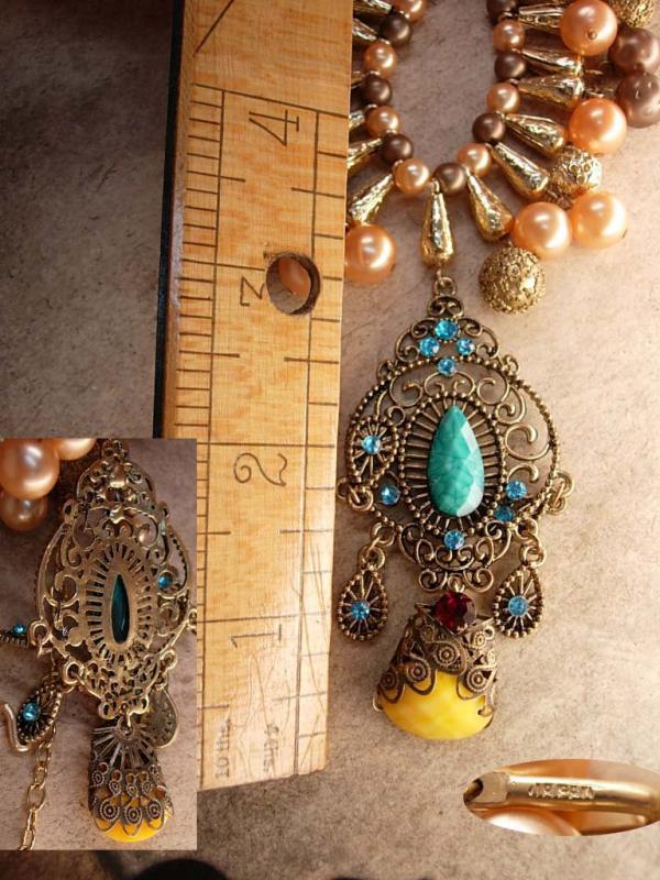 Vintage Pearl Festoon necklace Rhinestone filigree pendant bib choker
