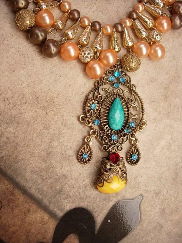 Vintage Pearl Festoon necklace Rhinestone filigree pendant bib choker
