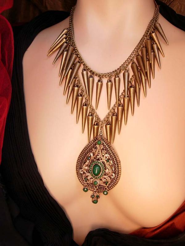 Bohemian GOddess Tassel Necklace Emerald victorian drop HUGE statement necklace