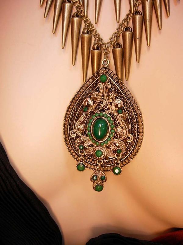 Bohemian GOddess Tassel Necklace Emerald victorian drop HUGE statement necklace
