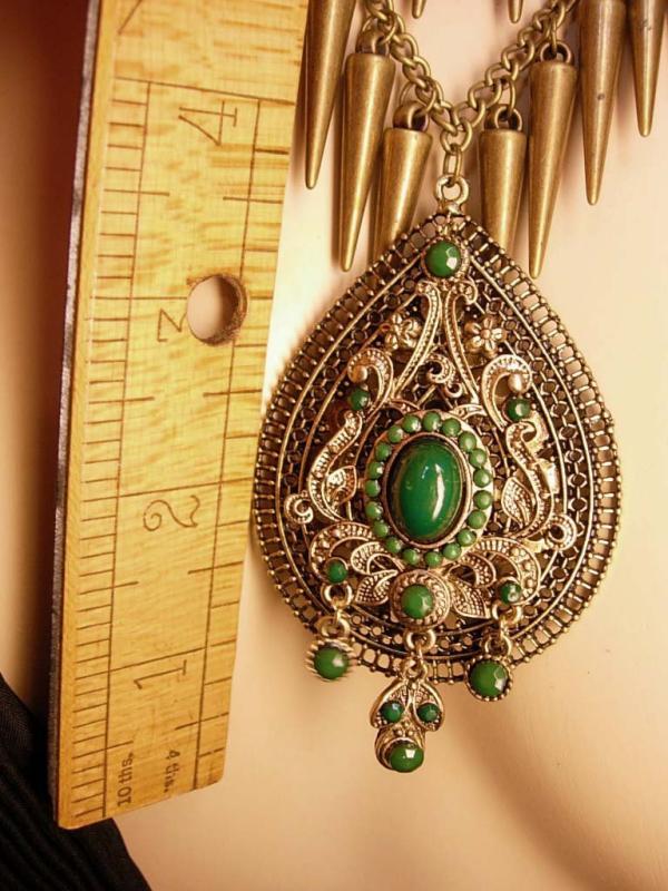Bohemian GOddess Tassel Necklace Emerald victorian drop HUGE statement necklace
