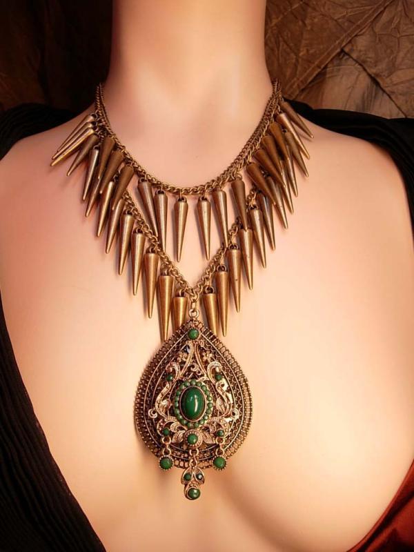 Bohemian GOddess Tassel Necklace Emerald victorian drop HUGE statement necklace