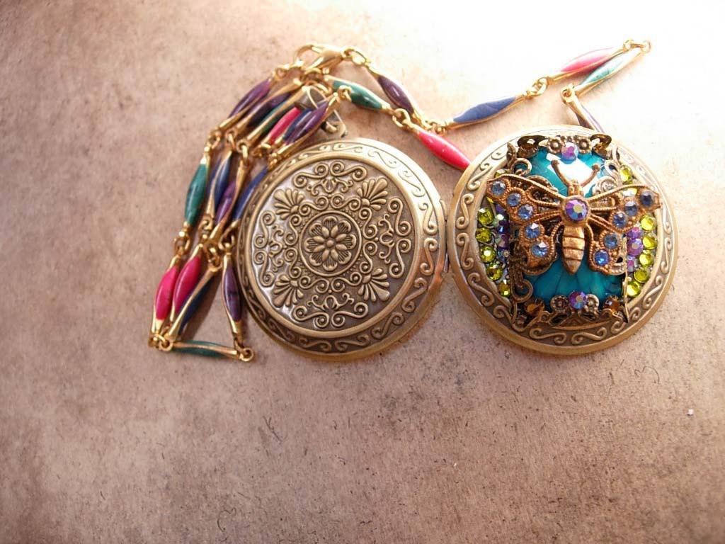 Czech Rhinestone butterfly Locket Bohemian Fairy with enamel Chain