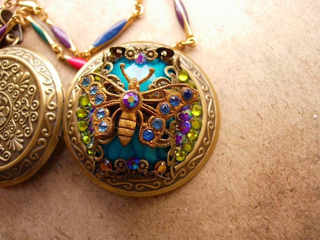Czech Rhinestone butterfly Locket Bohemian Fairy with enamel Chain