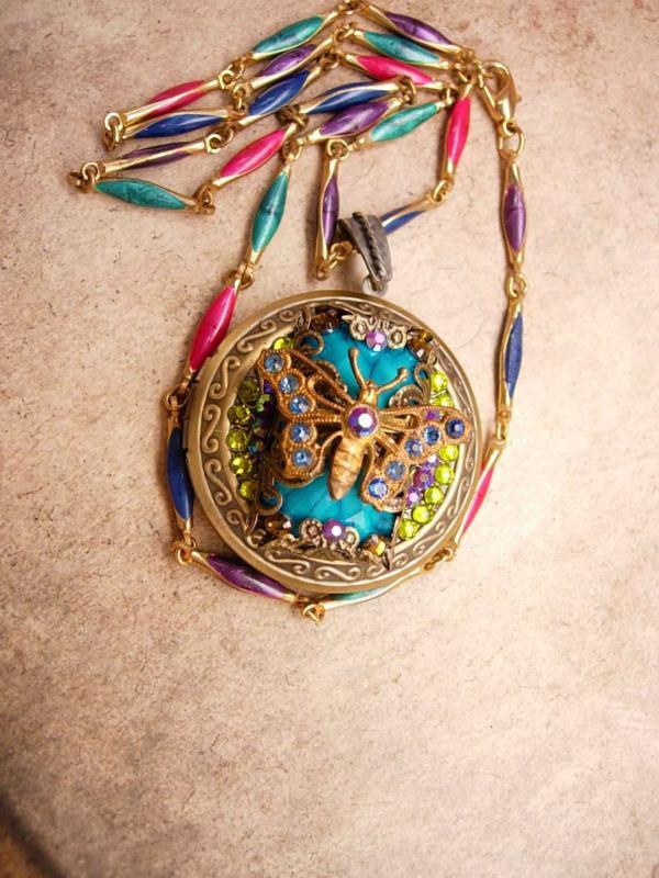 Czech Rhinestone butterfly Locket Bohemian Fairy with enamel Chain