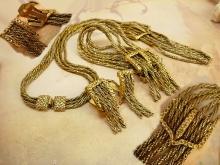 Early Fringe BUckle Bracelet NEcklace earrings All Signed Victorian swags Goldette