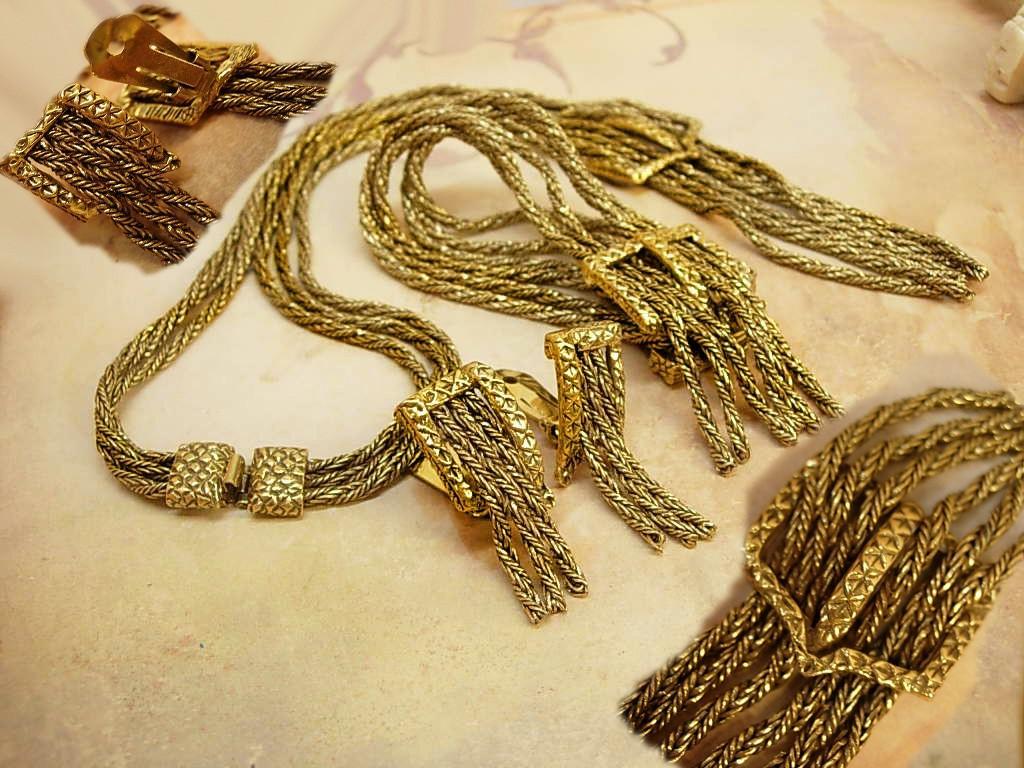 Early Fringe BUckle Bracelet NEcklace earrings All Signed Victorian swags Goldette