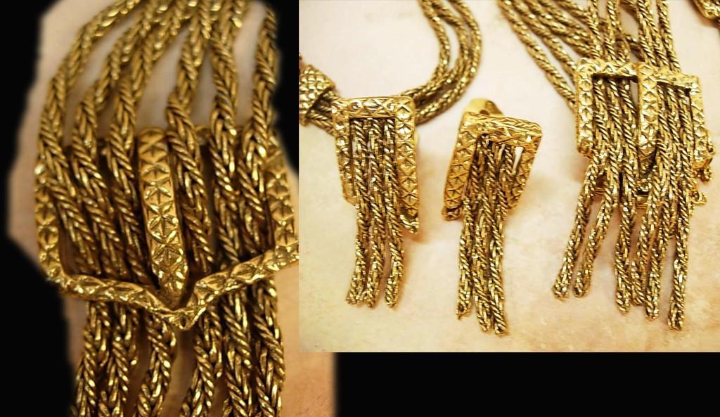 Early Fringe BUckle Bracelet NEcklace earrings All Signed Victorian swags Goldette