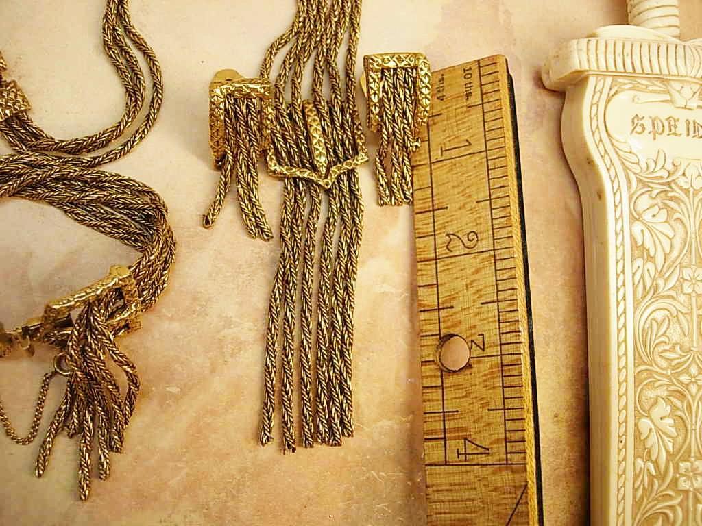 Early Fringe BUckle Bracelet NEcklace earrings All Signed Victorian swags Goldette