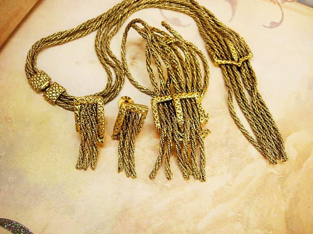 Early Fringe BUckle Bracelet NEcklace earrings All Signed Victorian swags Goldette