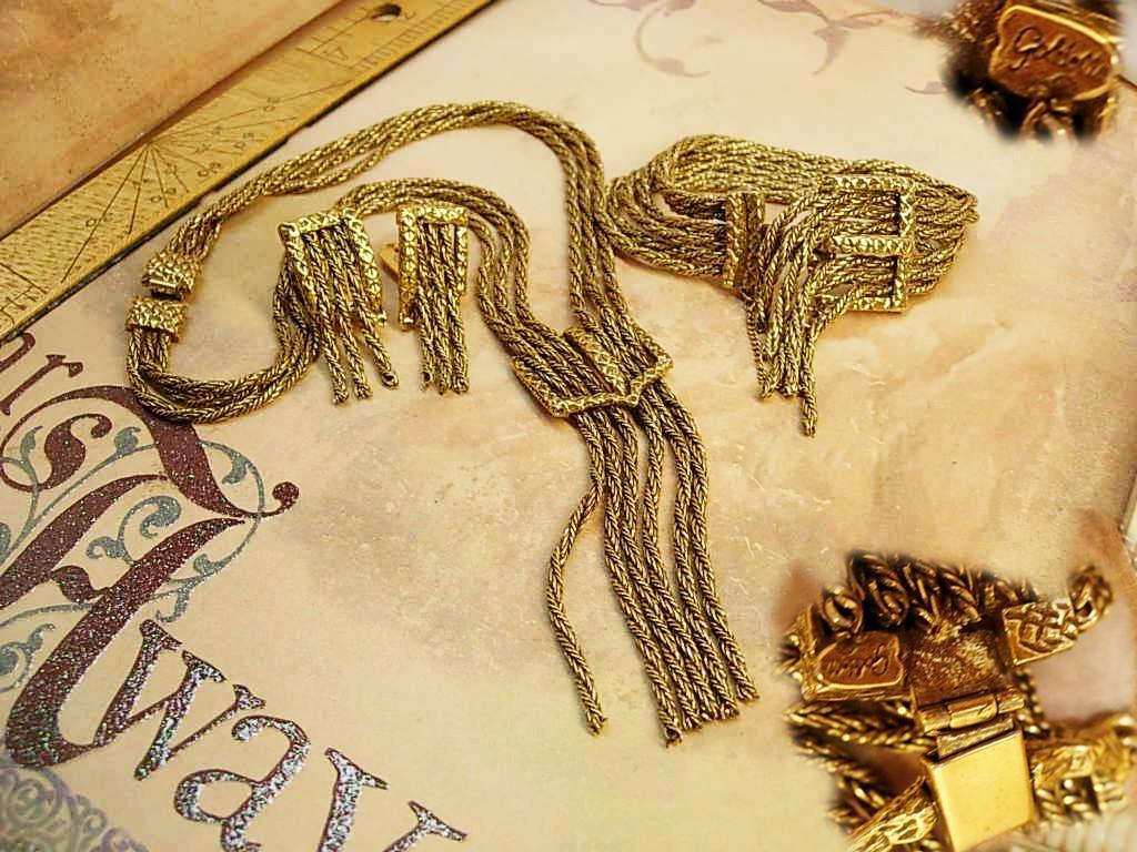 Early Fringe BUckle Bracelet NEcklace earrings All Signed Victorian swags Goldette