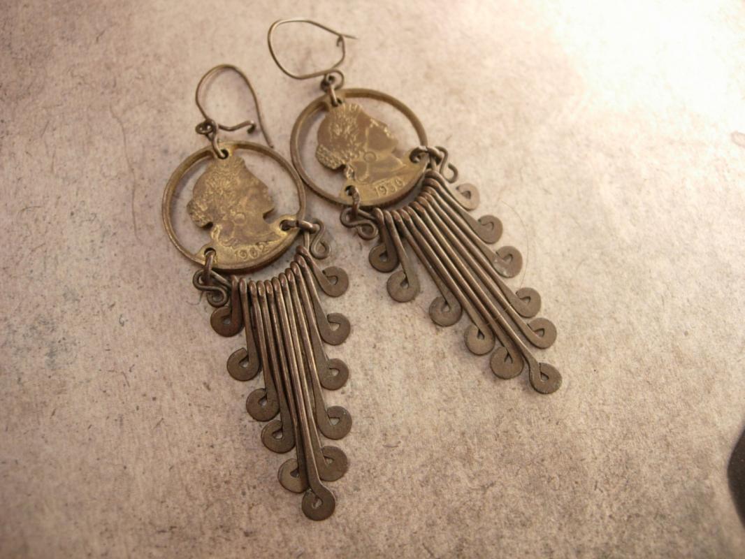 Vintage Queens Coin Tassel Earrings Trench art dated 1956 1962