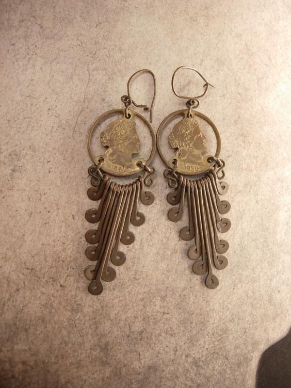 Vintage Queens Coin Tassel Earrings Trench art dated 1956 1962