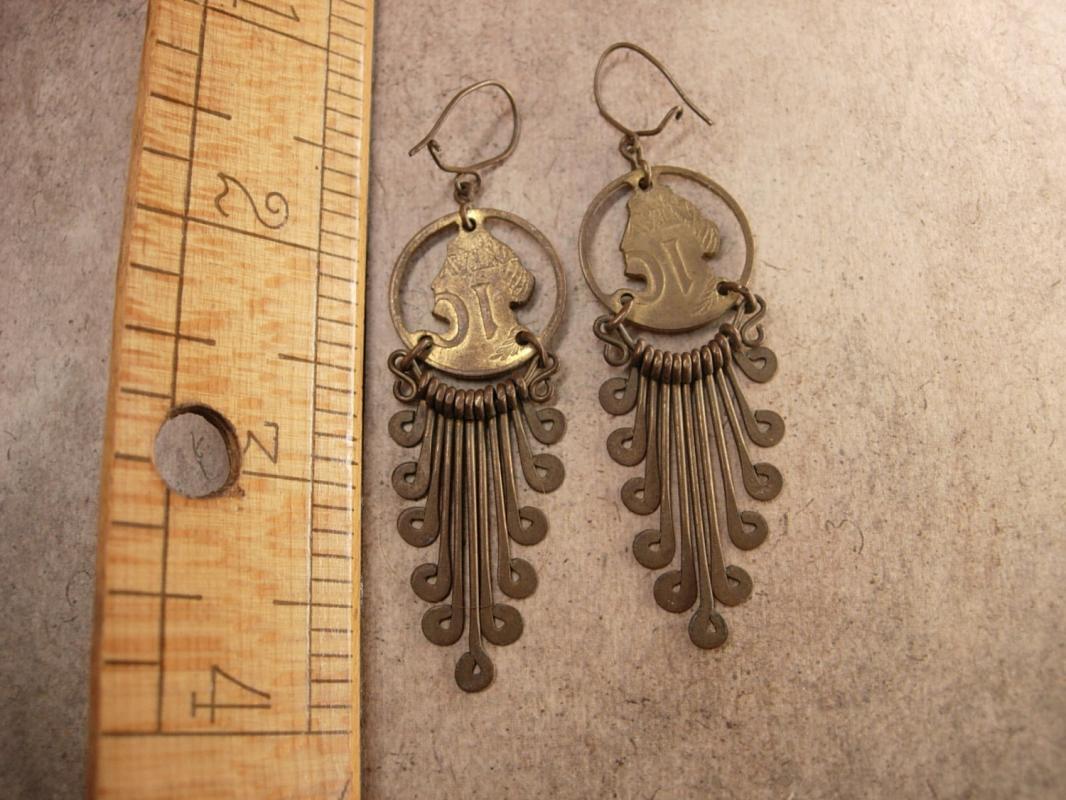 Vintage Queens Coin Tassel Earrings Trench art dated 1956 1962