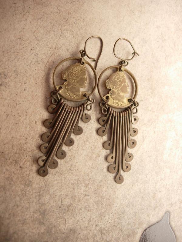 Vintage Queens Coin Tassel Earrings Trench art dated 1956 1962