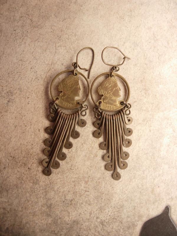 Vintage Queens Coin Tassel Earrings Trench art dated 1956 1962