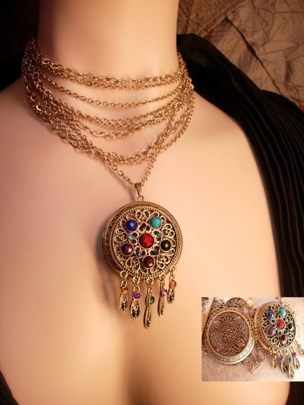 Bohemian Mermaid Gypsy Jeweled locket necklace Collar of chains
