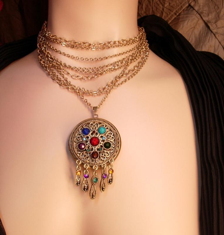 Bohemian Mermaid Gypsy Jeweled locket necklace Collar of chains