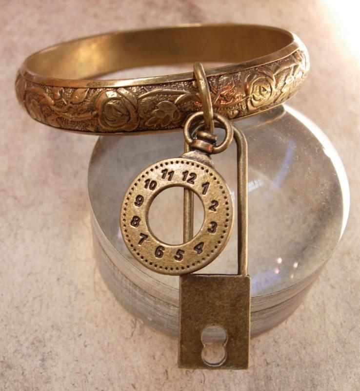 Vintage Charm Bracelet padlock and pocketwatch charms raised relief bangle