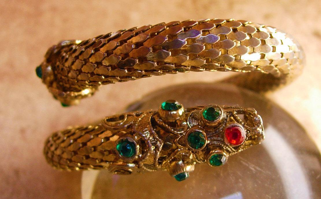 Vintage Jeweled Dragon Bracelet Mesh Snake coil serpent bangle