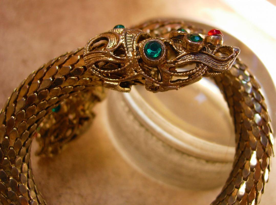 Vintage Jeweled Dragon Bracelet Mesh Snake coil serpent bangle