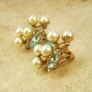 1940's Vintage Pearl Rhinestone cluster earrings clip on riveted settings purple rhinestone