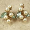 1940's Vintage Pearl Rhinestone cluster earrings clip on riveted settings purple rhinestone