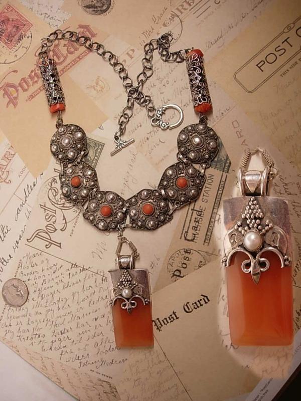 Vintage GOddess Necklace with Sterling etruscan coral and pearls OOAK