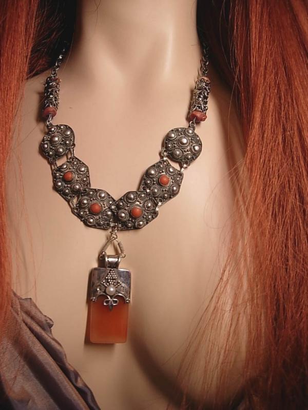 Vintage GOddess Necklace with Sterling etruscan coral and pearls OOAK