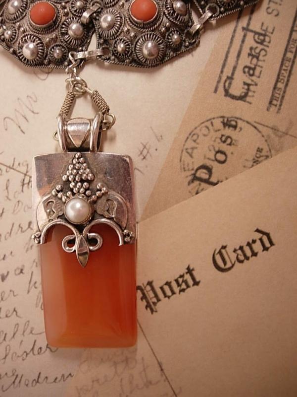 Vintage GOddess Necklace with Sterling etruscan coral and pearls OOAK