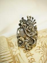 Mucha Goddess ring sterling with crown and flowing Bohemian hair Nymph