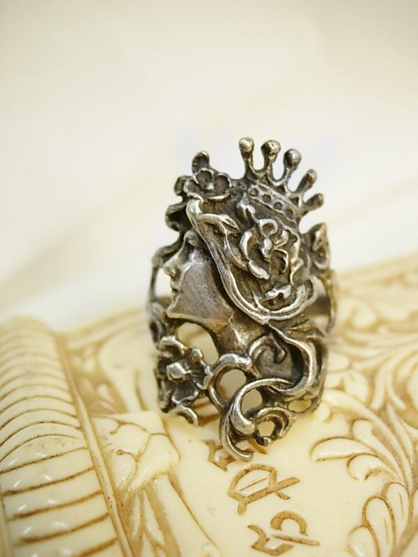 Mucha Goddess ring sterling with crown and flowing Bohemian hair Nymph