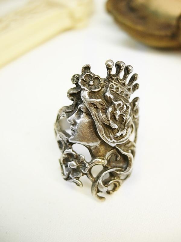 Mucha Goddess ring sterling with crown and flowing Bohemian hair Nymph